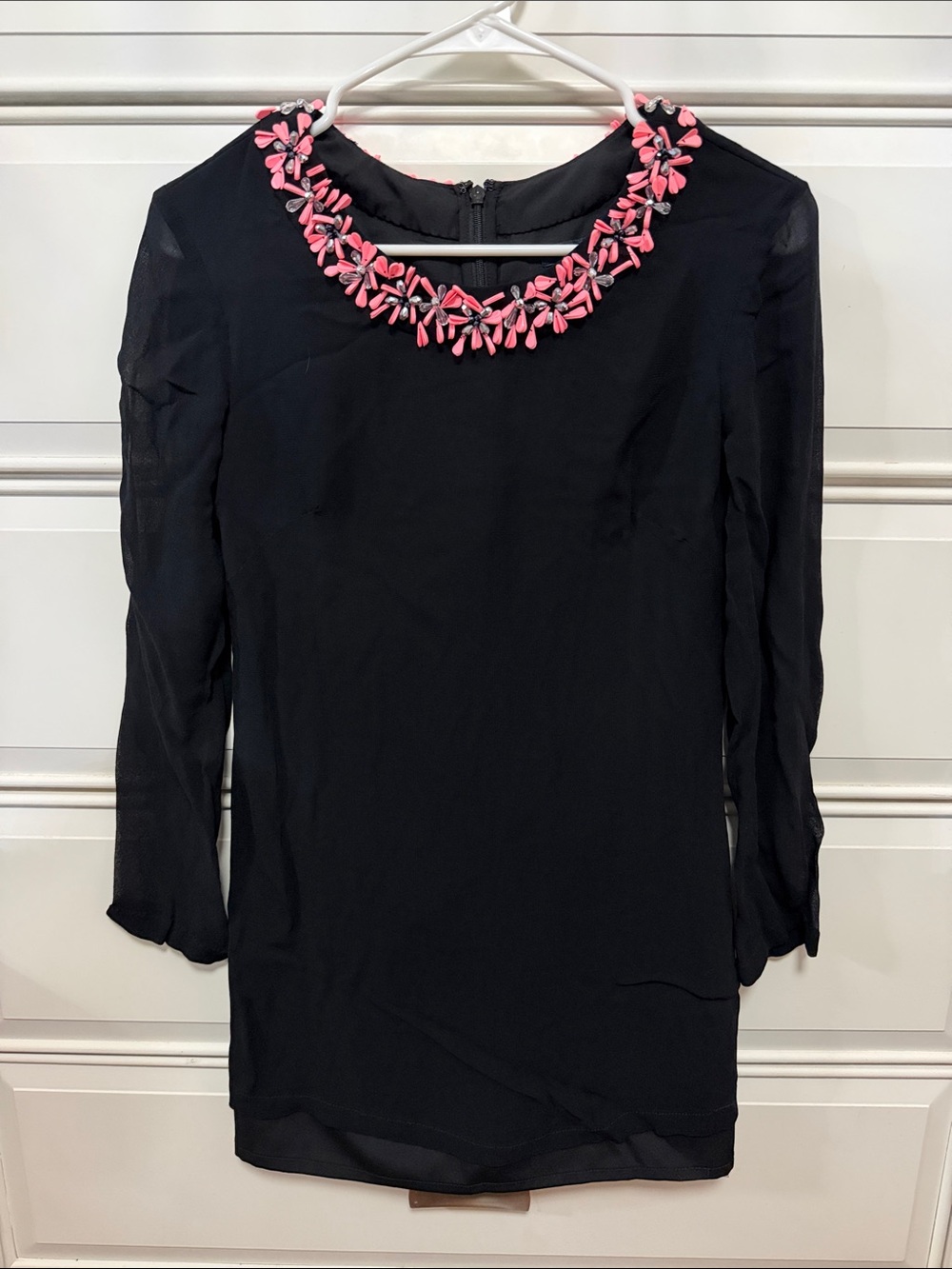 French Connection Black Long-Sleeve Dress with Pink Beaded Neckline